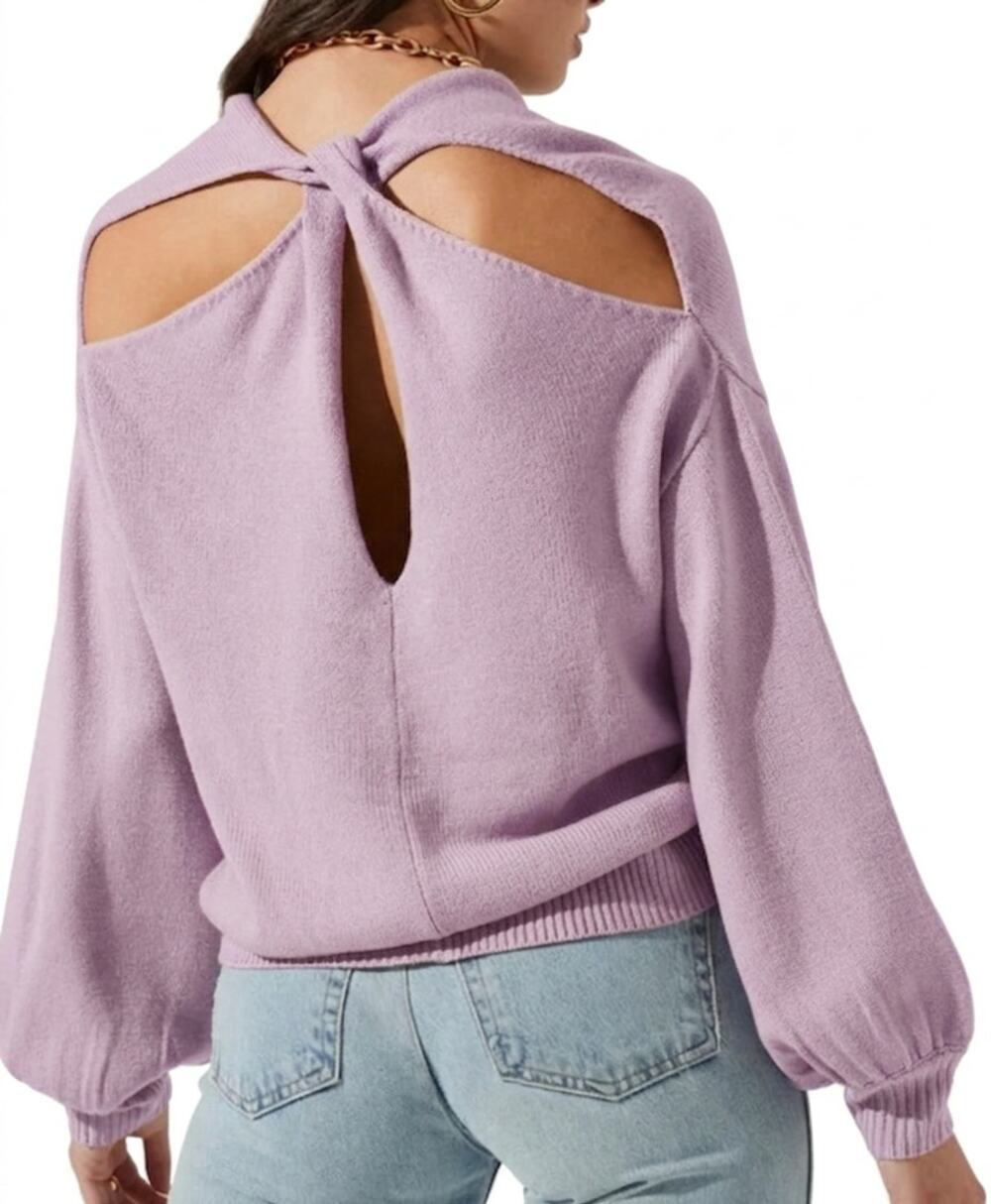 ASTR The Label Lilac Sweater Size L NWT Back Cutout V-Neck Long Balloon Sleeve